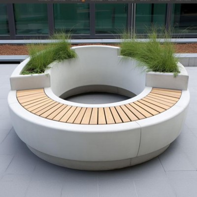 GRC泰科石水磨石混凝土坐凳圆形木面花坛座椅