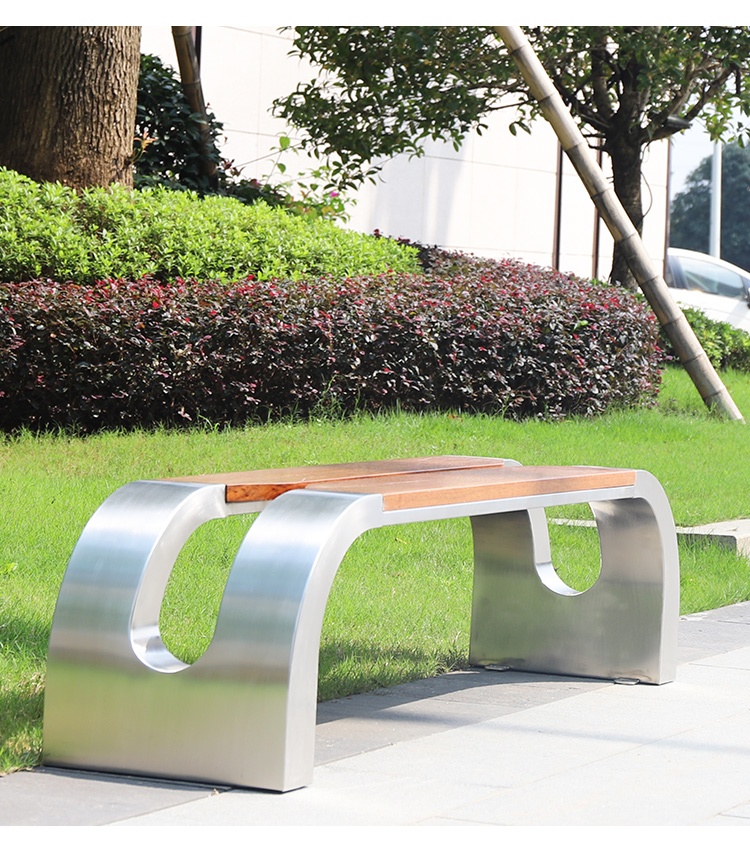 不锈钢防腐木坐凳长条公园景观广场座椅