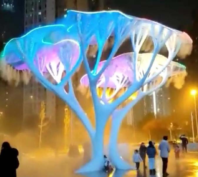 网红互动美陈玻璃钢和不锈钢发光烟雾树雕塑 网红互动美陈玻璃钢和不锈钢发光烟雾树雕塑